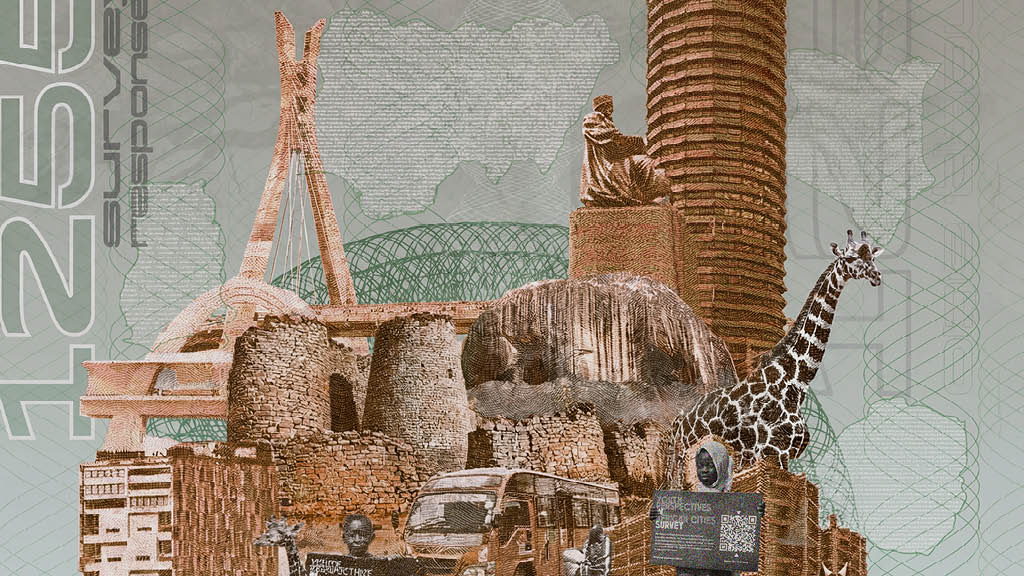 A stone wall with a mural of a giraffe and a building.